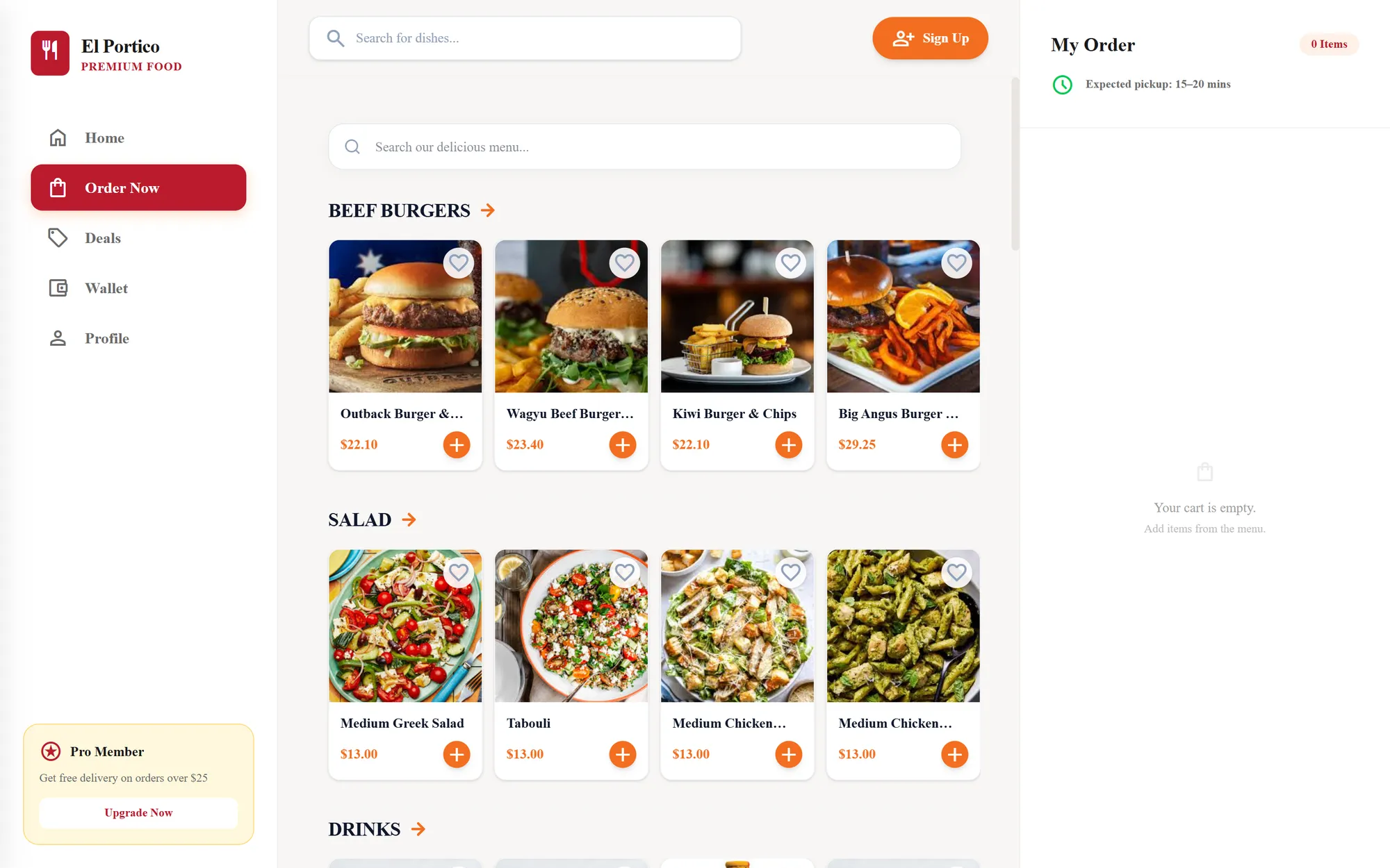 Generation one web ordering — El Portico menu on desktop