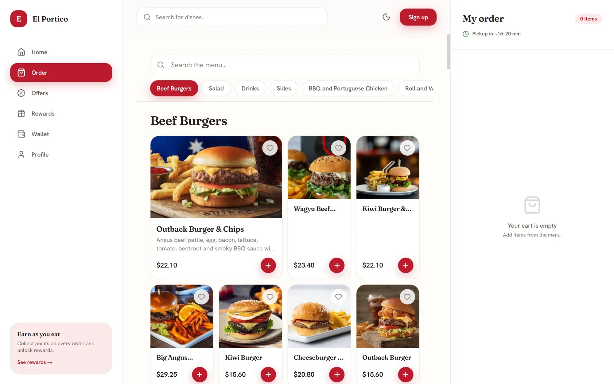Generation two web ordering — El Portico menu with live cart