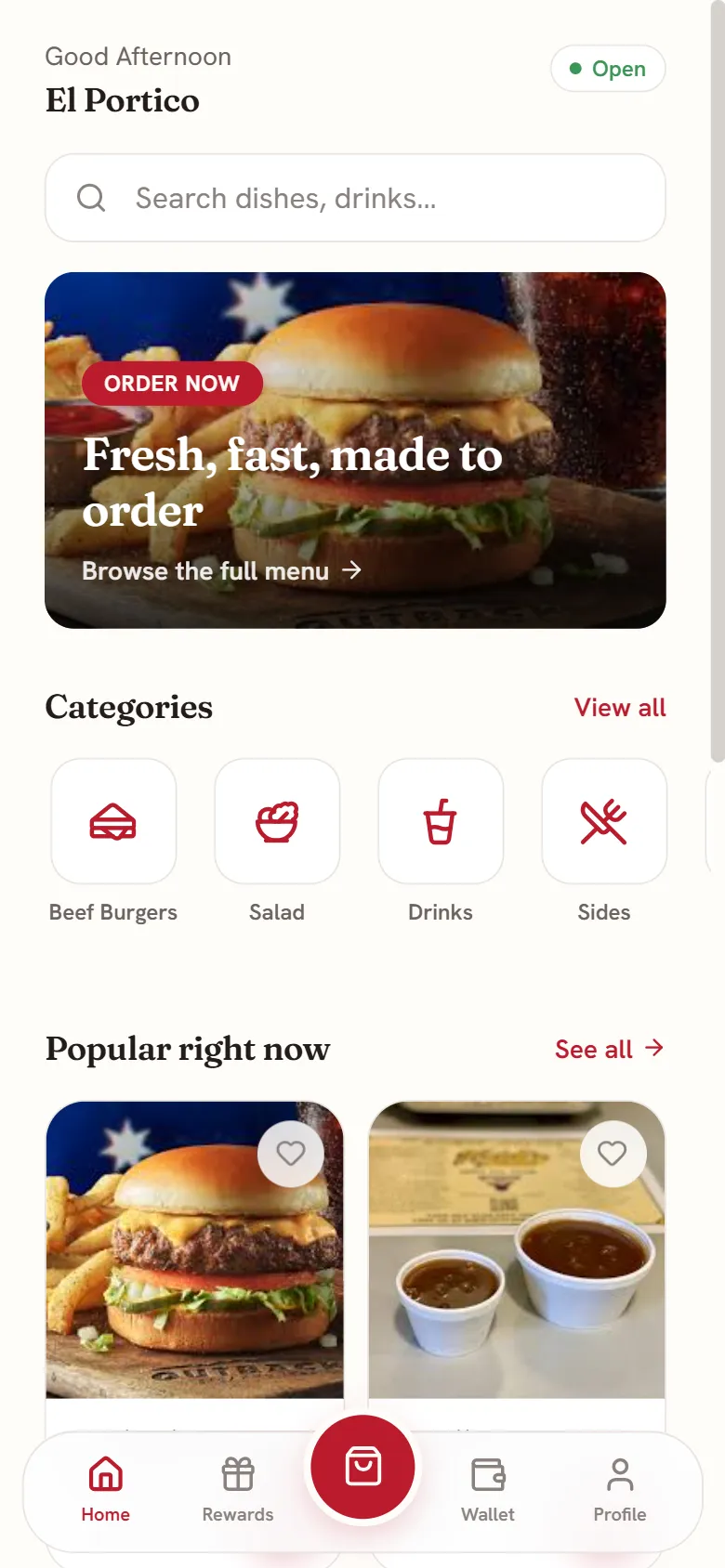 The Bite2Byte customer app — El Portico home screen with real menu